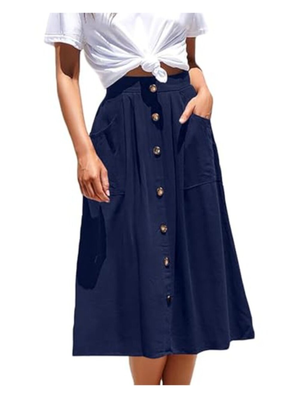 Women's Pleated Midi Skirt High Waist A-Line Button Front Flared with Pockets